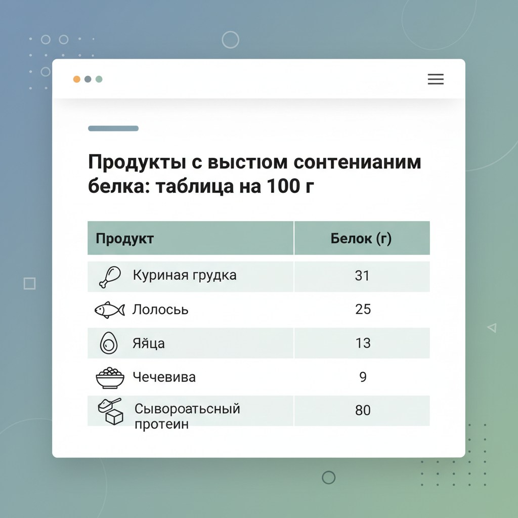 Продукты с высоким содержанием белка: таблица на 100 г — иллюстрация к статье «в каких продуктах содержится много белка таблица»