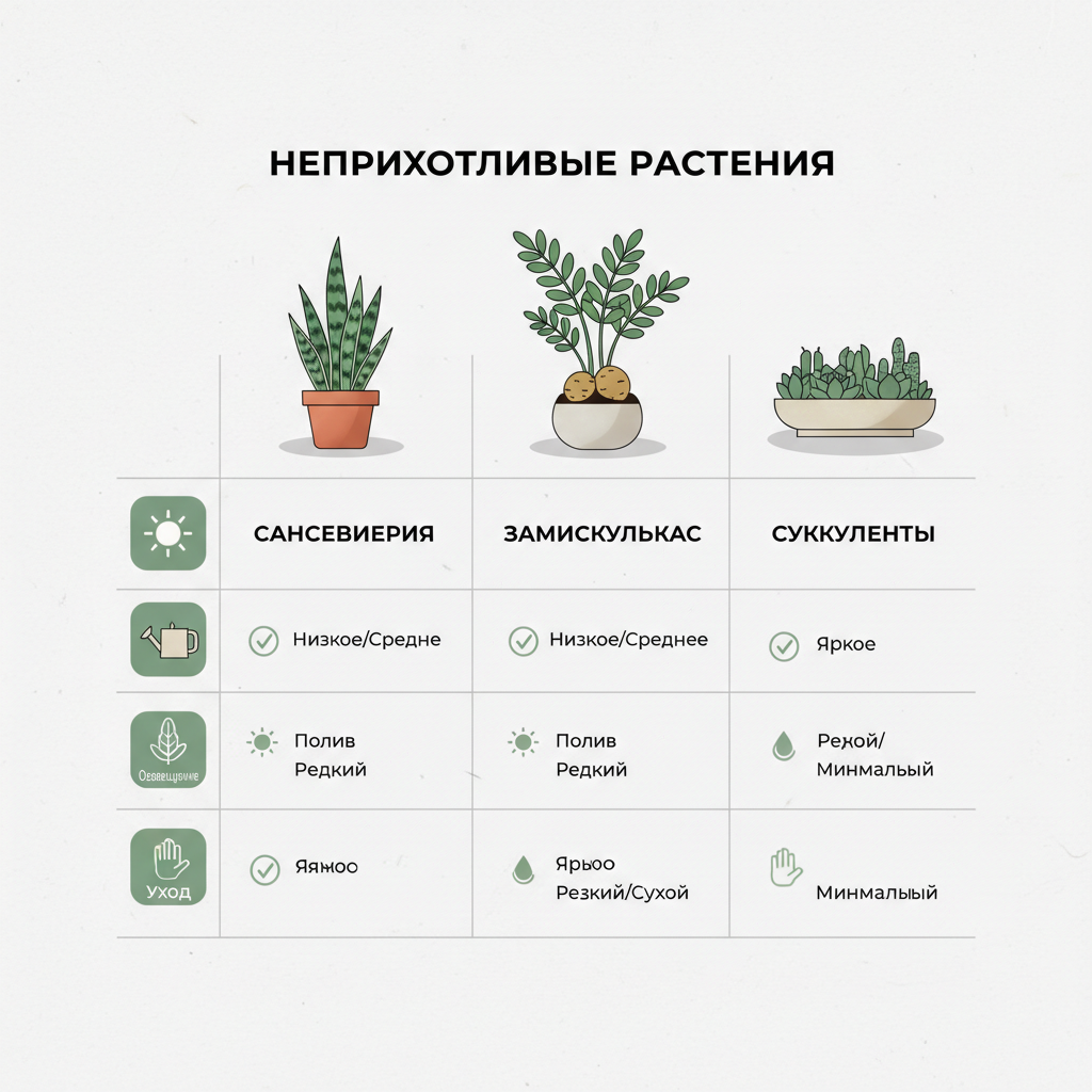 Таблица сравнения неприхотливых растений — иллюстрация к статье «неприхотливые комнатные растения»